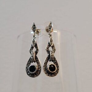 Vintage Silver Earrings Filigree Drop Dangle With Black Gem Sparkly